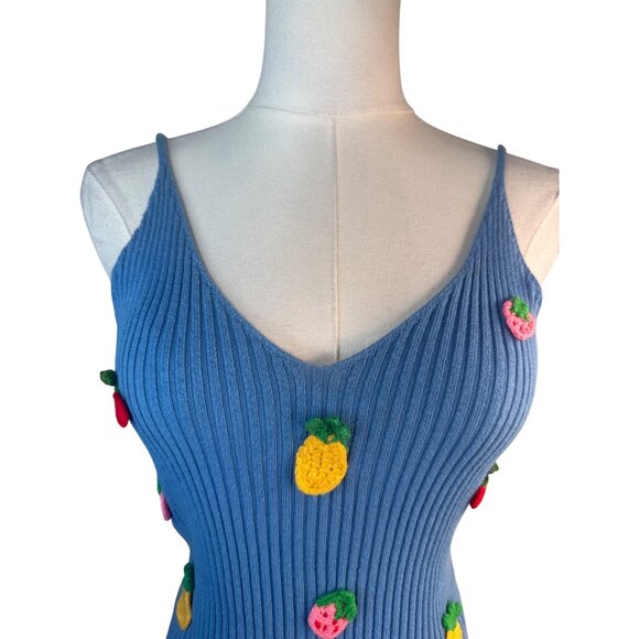 ZARA Blue Medium Ribbed Knit Fruit Embroidered Sleeveless V Neckline Camisole - Picture 6 of 10